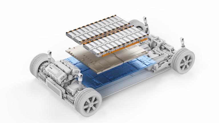 Electric car battery pack placed on the vehicle frame